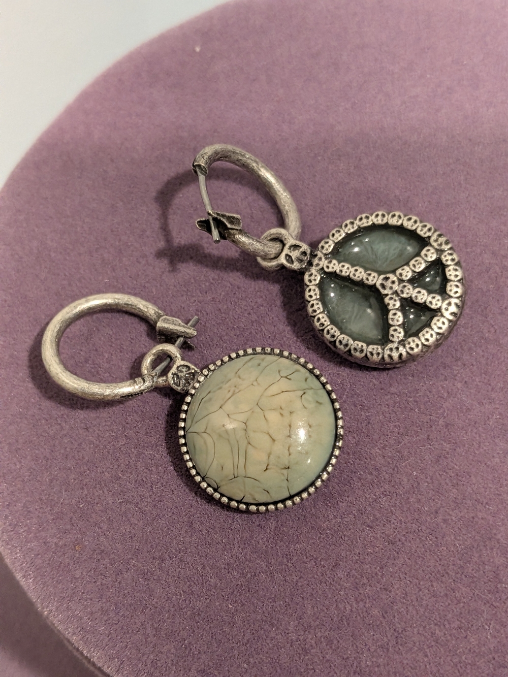 Silver-Tone Interchangeable Hoop Earrings with Mint Green Stone and Peace Charm